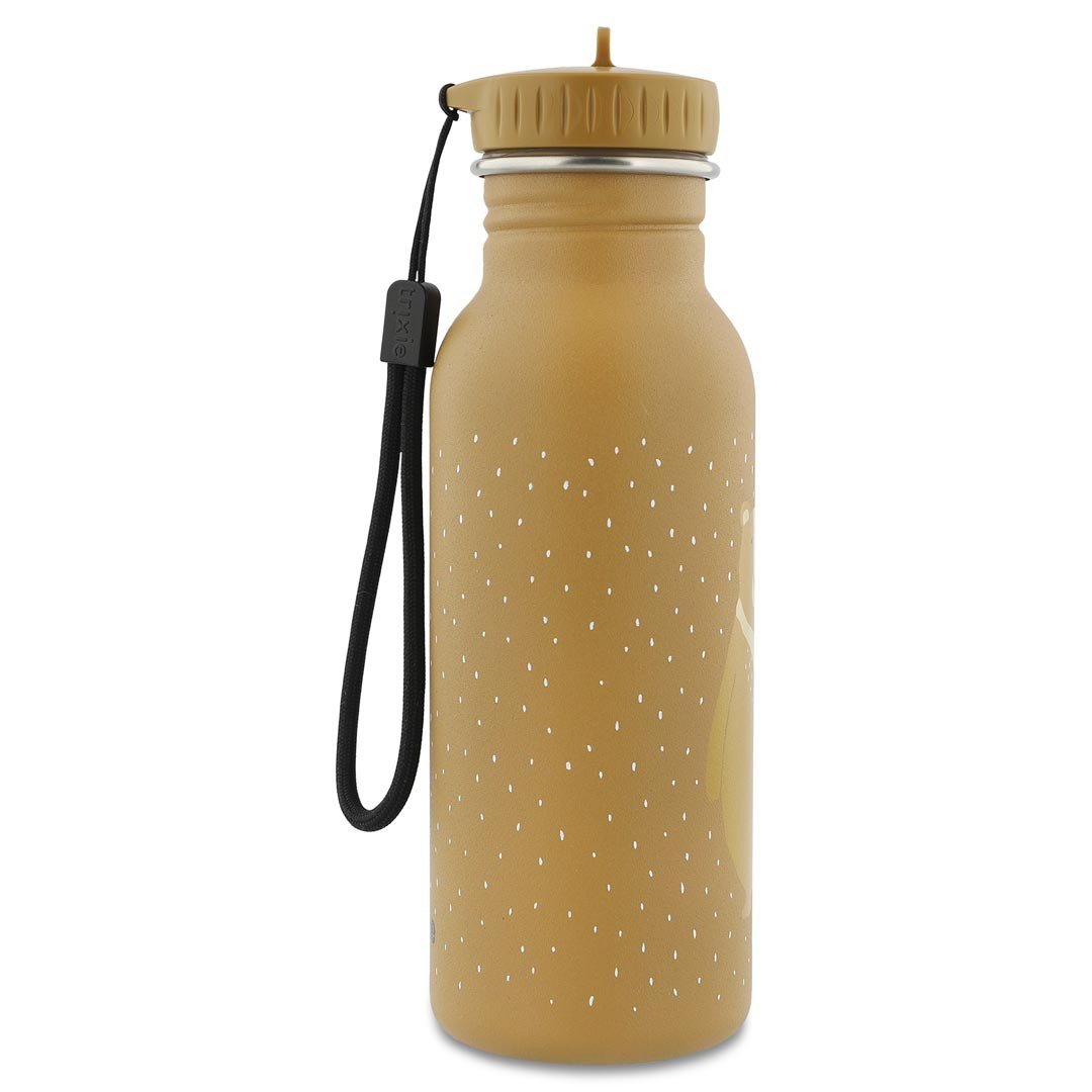 10. Side view of Trixie Baby Mr. Bear stainless steel bottle in brown with black carrying loop, studio shot