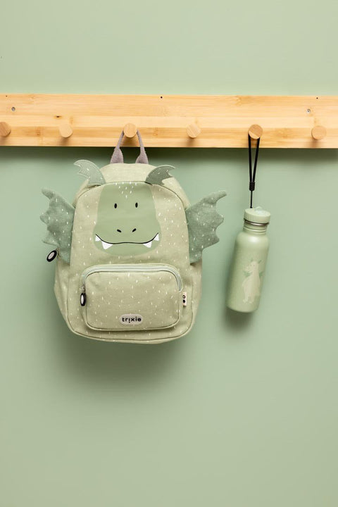 2. Green dragon-themed backpack and matching stainless steel bottle hanging on wooden hooks