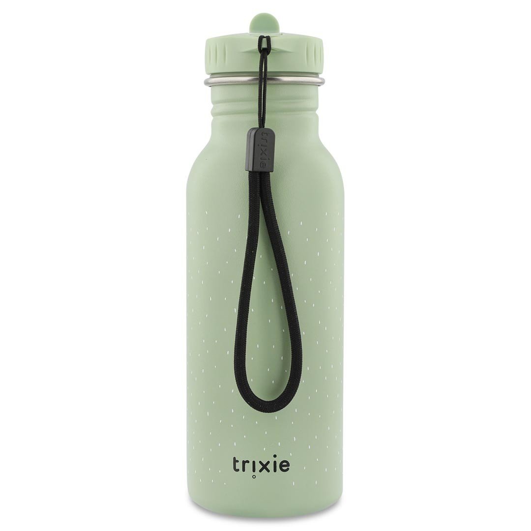 9. Green stainless steel bottle with Trixie logo, dotted pattern, and black handle, by Trixie Baby