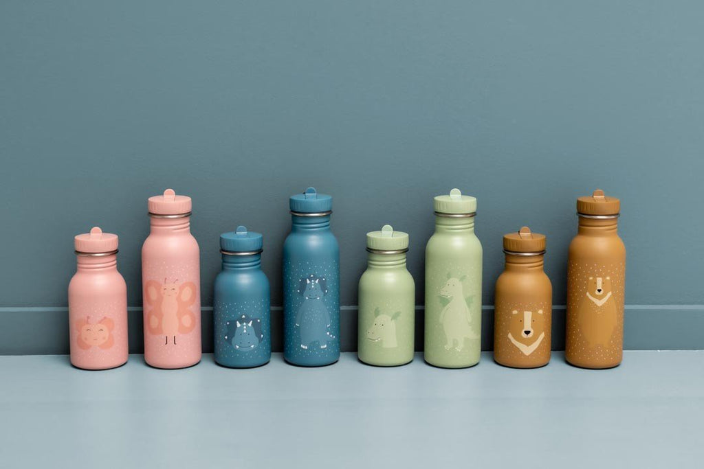 6. Assorted colorful stainless steel bottles with various designs on blue background