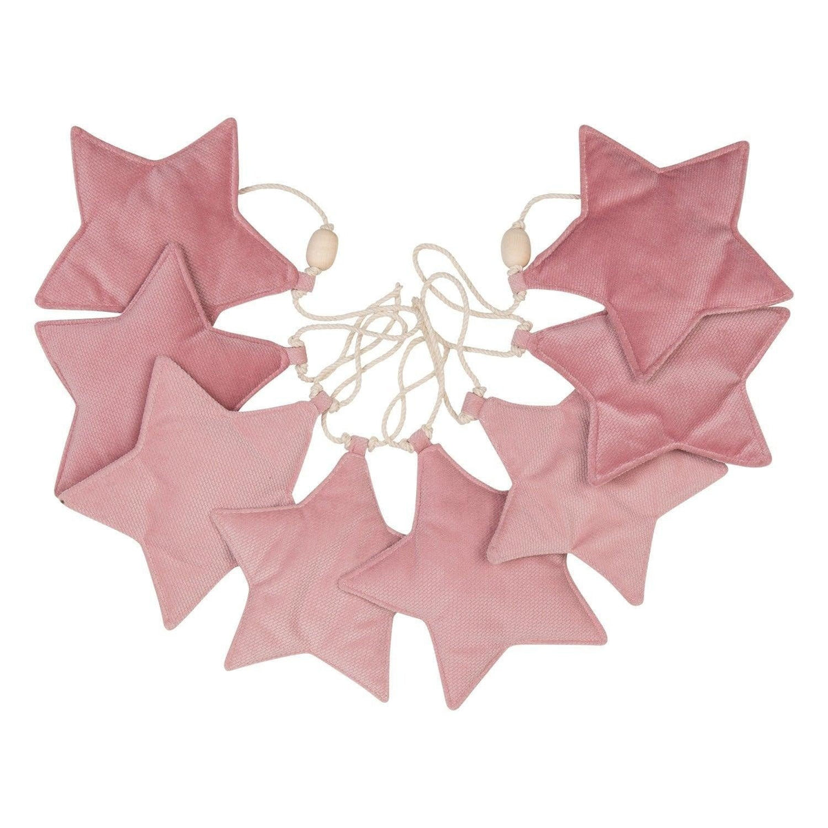 2. Studio shot of soft pink velvet star garland with wooden beads on cotton string