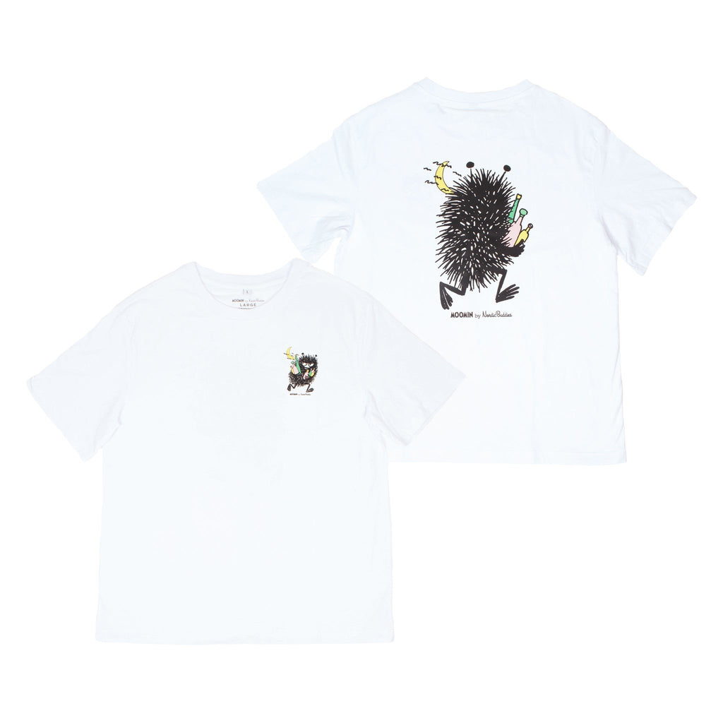 7. Front and back view of women's Stinky Everyday T-Shirt by Moomin, featuring character designs