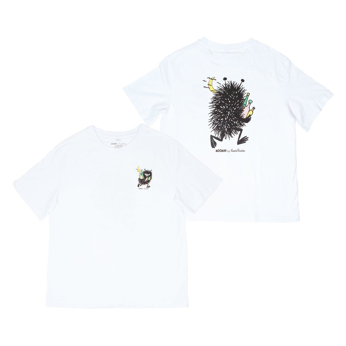 7. Front and back view of women's Stinky Everyday T-Shirt by Moomin, featuring character designs