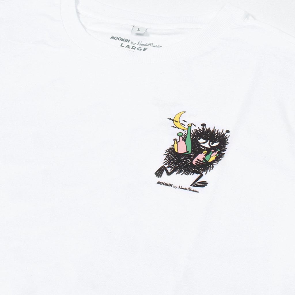 3. Close-up of front design on women's Stinky Everyday T-Shirt by Moomin, highlighting character detail