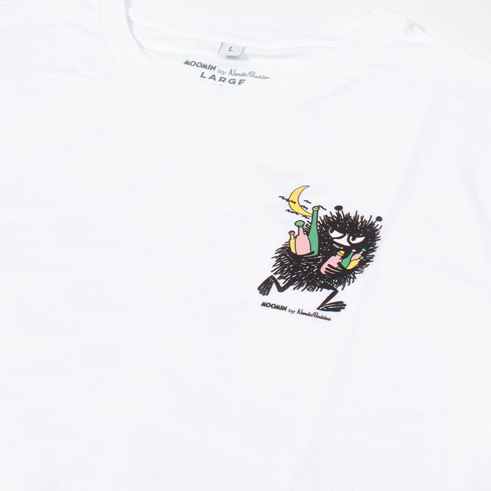 3. Close-up of front design on women's Stinky Everyday T-Shirt by Moomin, highlighting character detail
