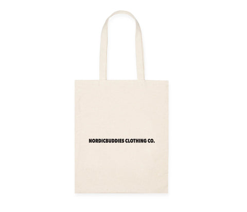 2. Back view of beige Stinky Plotting Tote Bag with NordicBuddies Clothing Co. text, made from 100% heavy cotton, shown in studio