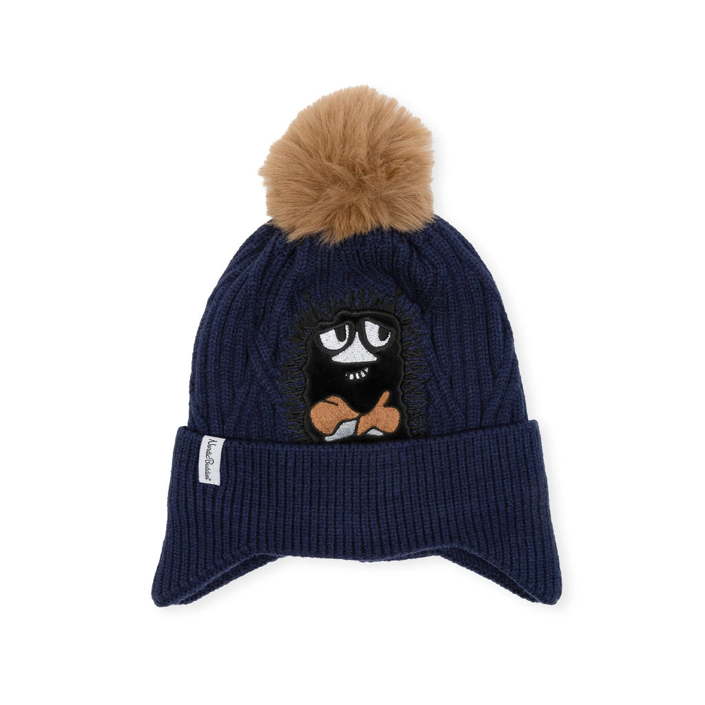 2. Studio shot of navy blue Moomin Stinky beanie with brown pom-pom and NordicBuddies logo on white background