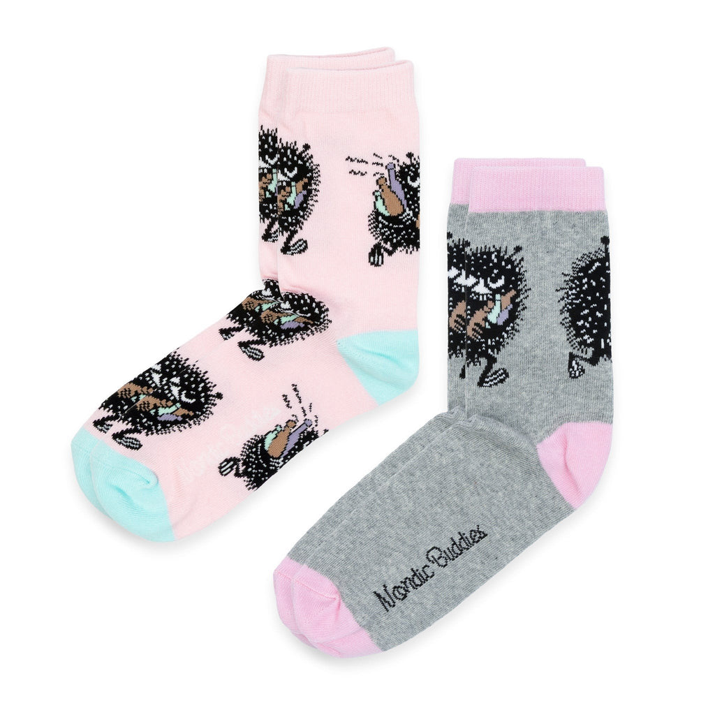 4. Two pairs of socks, one pink and one grey, with Moomin character design and NordicBuddies branding