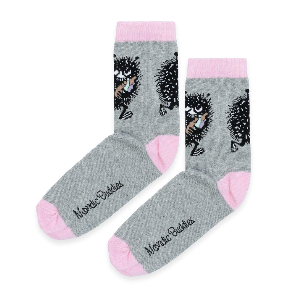 3. Pair of grey socks with pink accents featuring Moomin character design and NordicBuddies logo