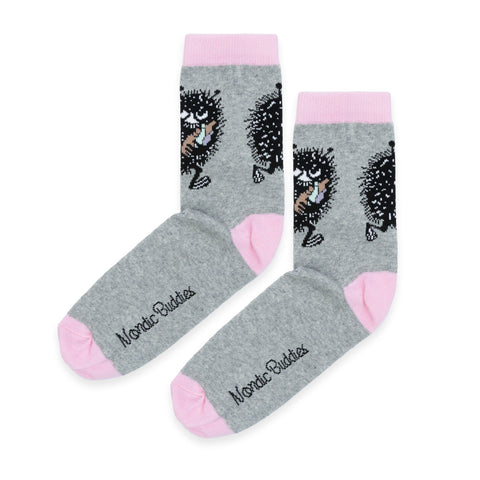 3. Pair of grey socks with pink accents featuring Moomin character design and NordicBuddies logo