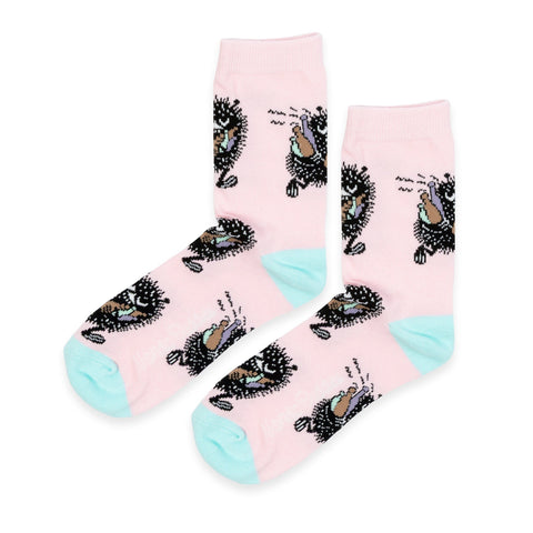 5. Pair of pink socks with blue accents featuring Moomin character design by NordicBuddies
