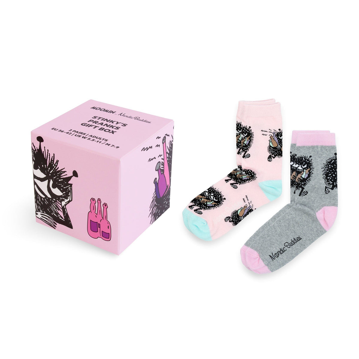 1. Stinky's Pranks gift box with two pairs of socks, one pink and one grey, featuring playful Moomin character design by NordicBuddies