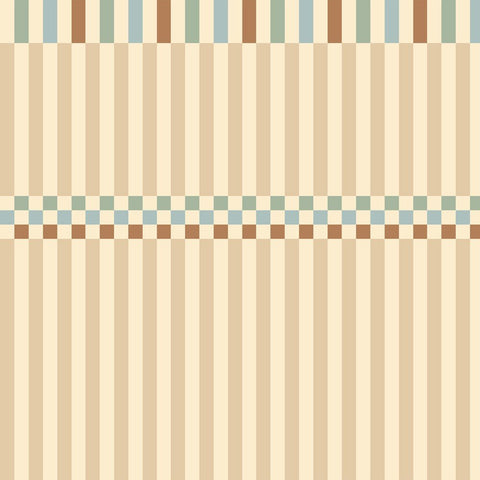 2. Studio shot of vintage striped wallpaper with beige, blue, and brown stripes and wave pattern, showcasing design details