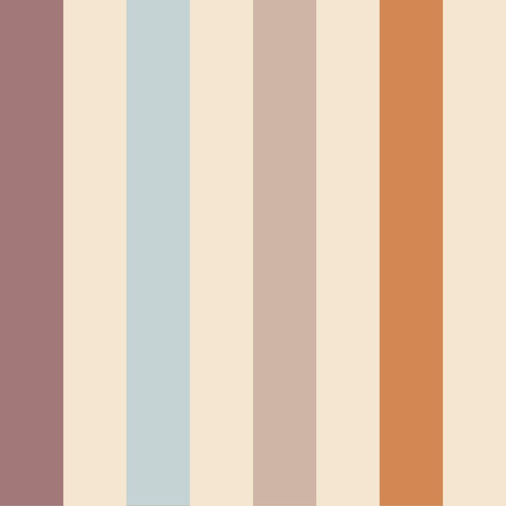 2. Studio shot of Dekornik's warm striped wallpaper with narrow stripes in beige, blue, and orange on a matte paper