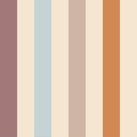 2. Studio shot of Dekornik's warm striped wallpaper with narrow stripes in beige, blue, and orange on a matte paper