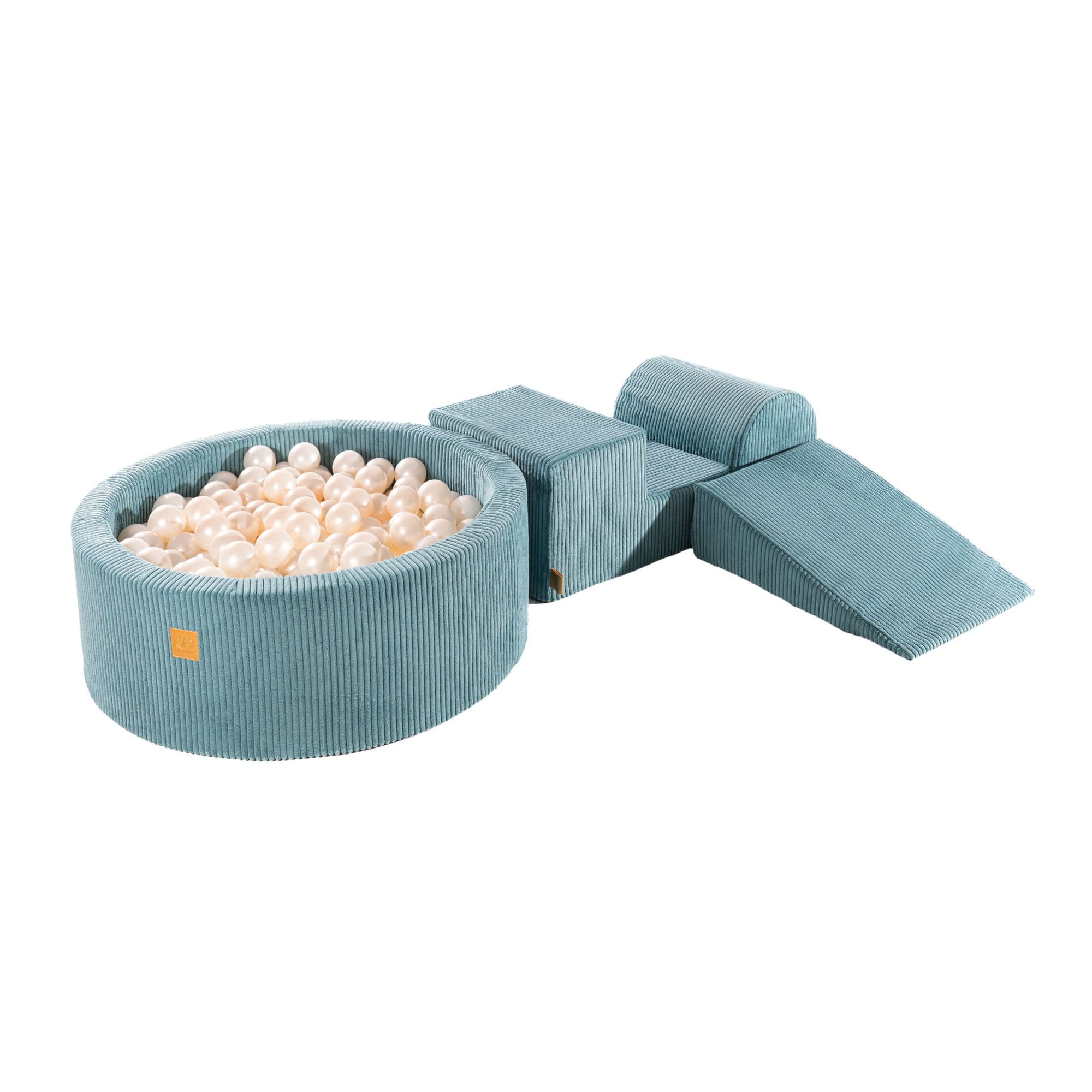 1. MeowBaby turquoise playset with ball pit filled with white pearl balls, featuring hypoallergenic foam blocks for children's play and exercise, shown on a white background