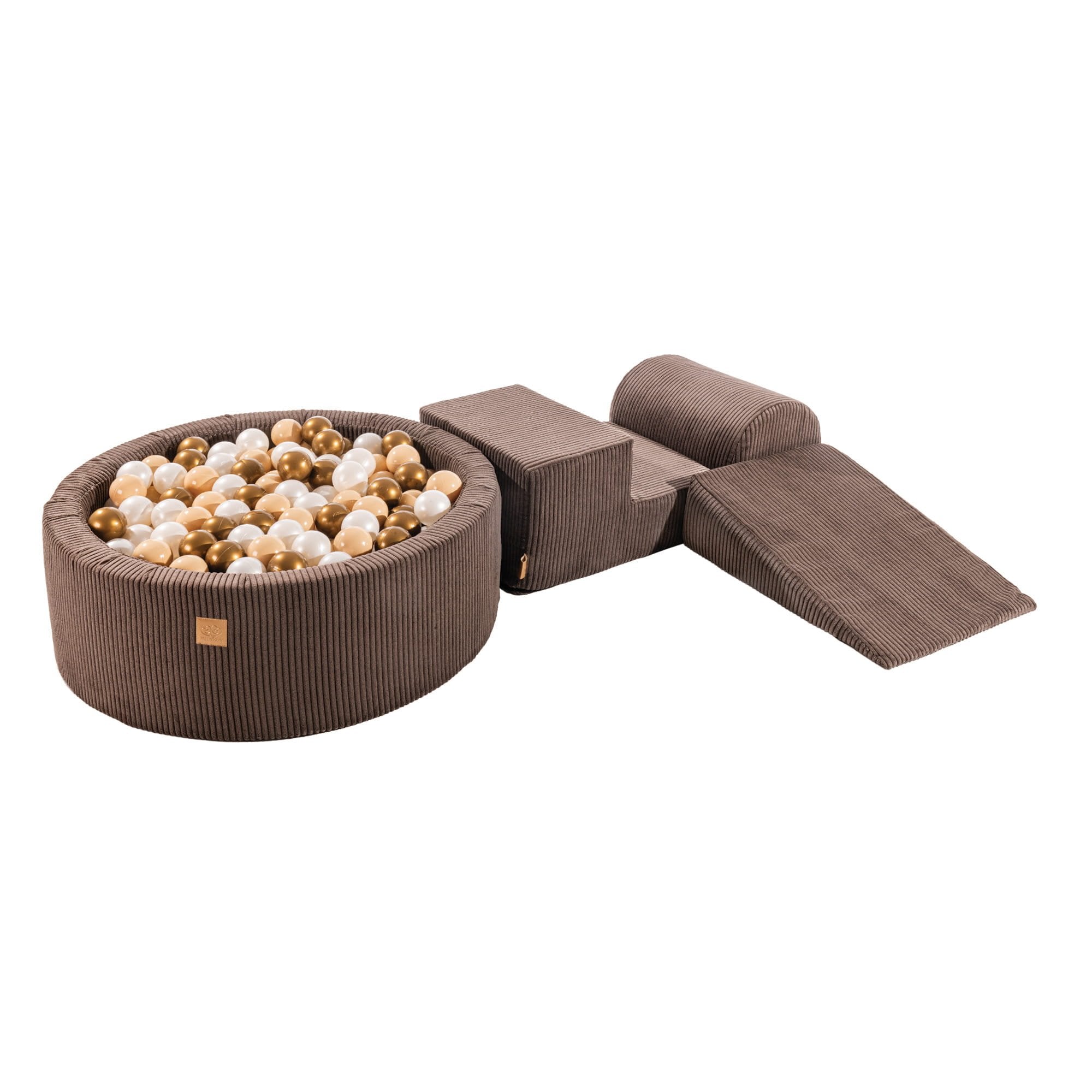 1. MeowBaby playset with brown, gold, and white pearl ball pit, featuring hypoallergenic foam blocks and removable covers, ideal for children's play and exercise, shown on a white background.