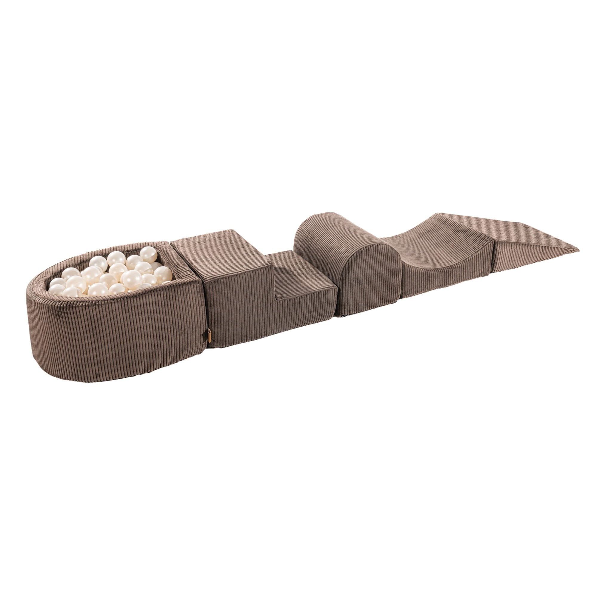 2. MeowBaby playset with brown and white pearl ball pit, featuring five modular foam blocks on a white background, ideal for children's play and exercise.