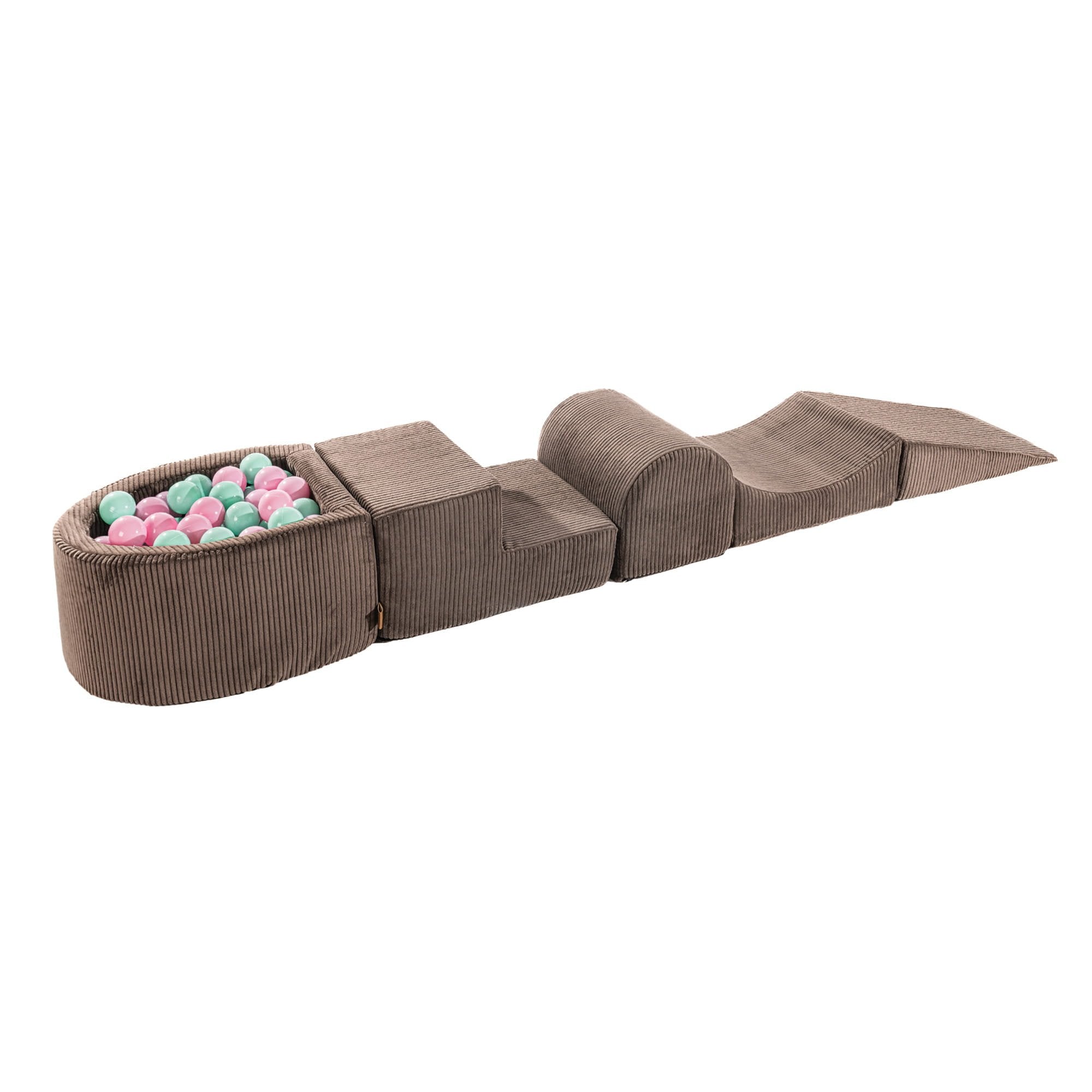 1. MeowBaby playset with brown foam blocks and a small ball pit filled with pastel pink and mint balls, shown in a studio setting highlighting modular design and texture