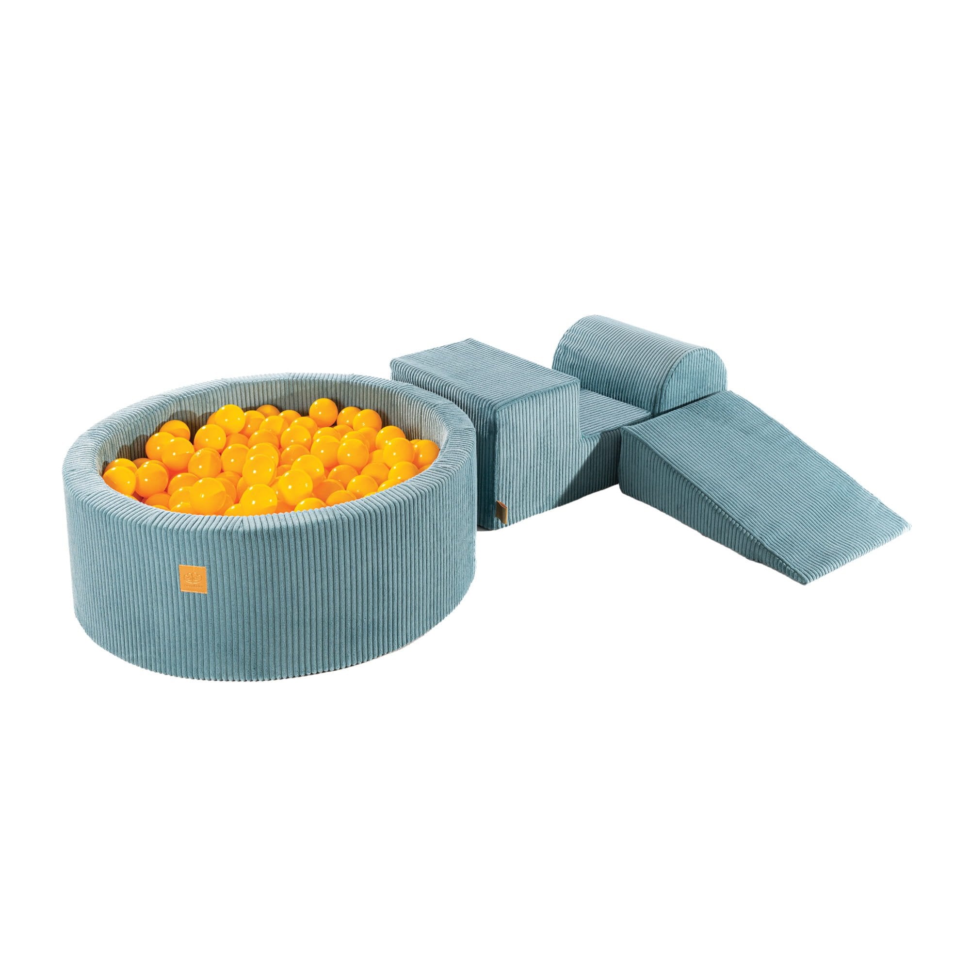 1. MeowBaby turquoise and yellow playset with ball pit and foam blocks on white background