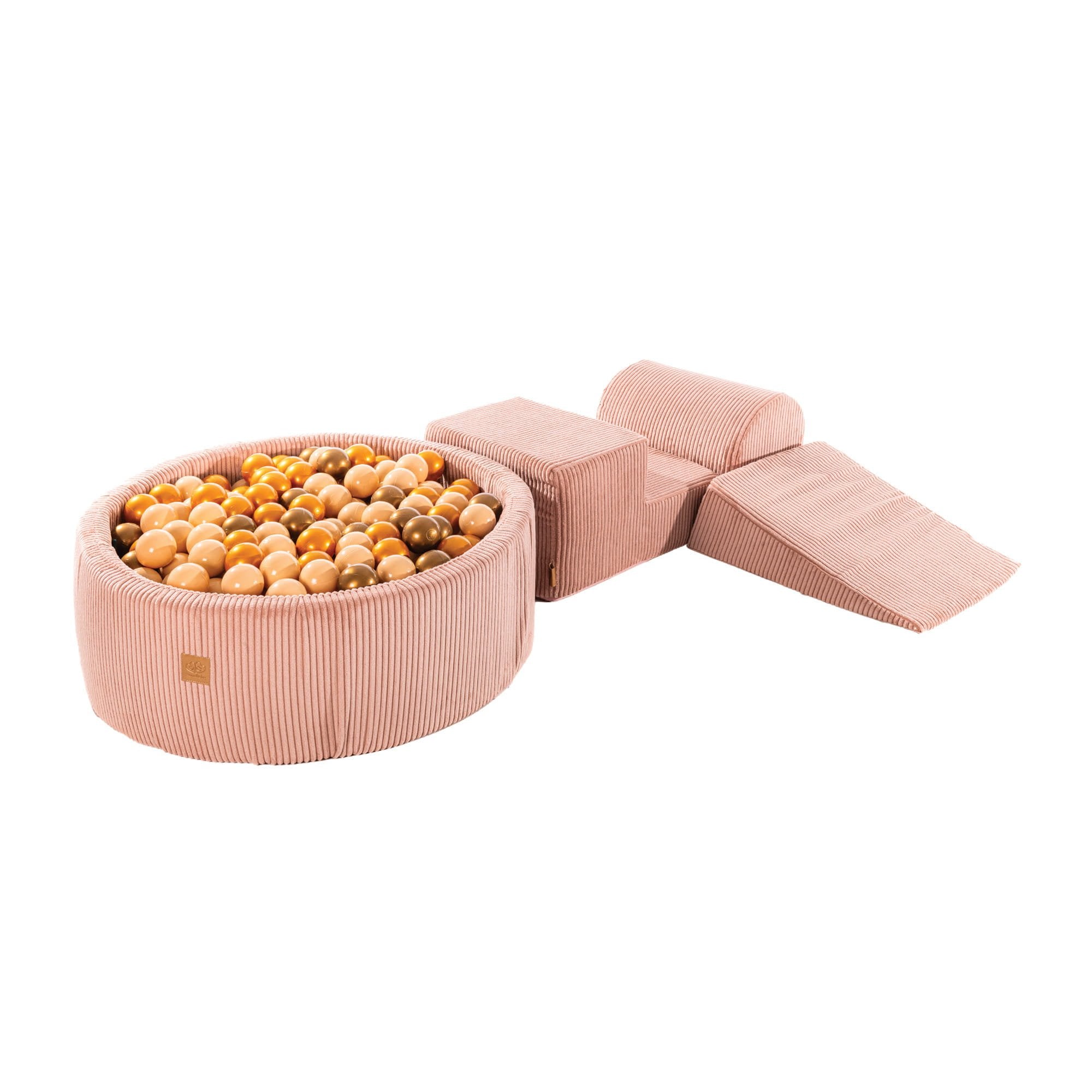1. MeowBaby playset with pink, beige, and gold ball pit and foam blocks on white background, ideal for children's play and exercise