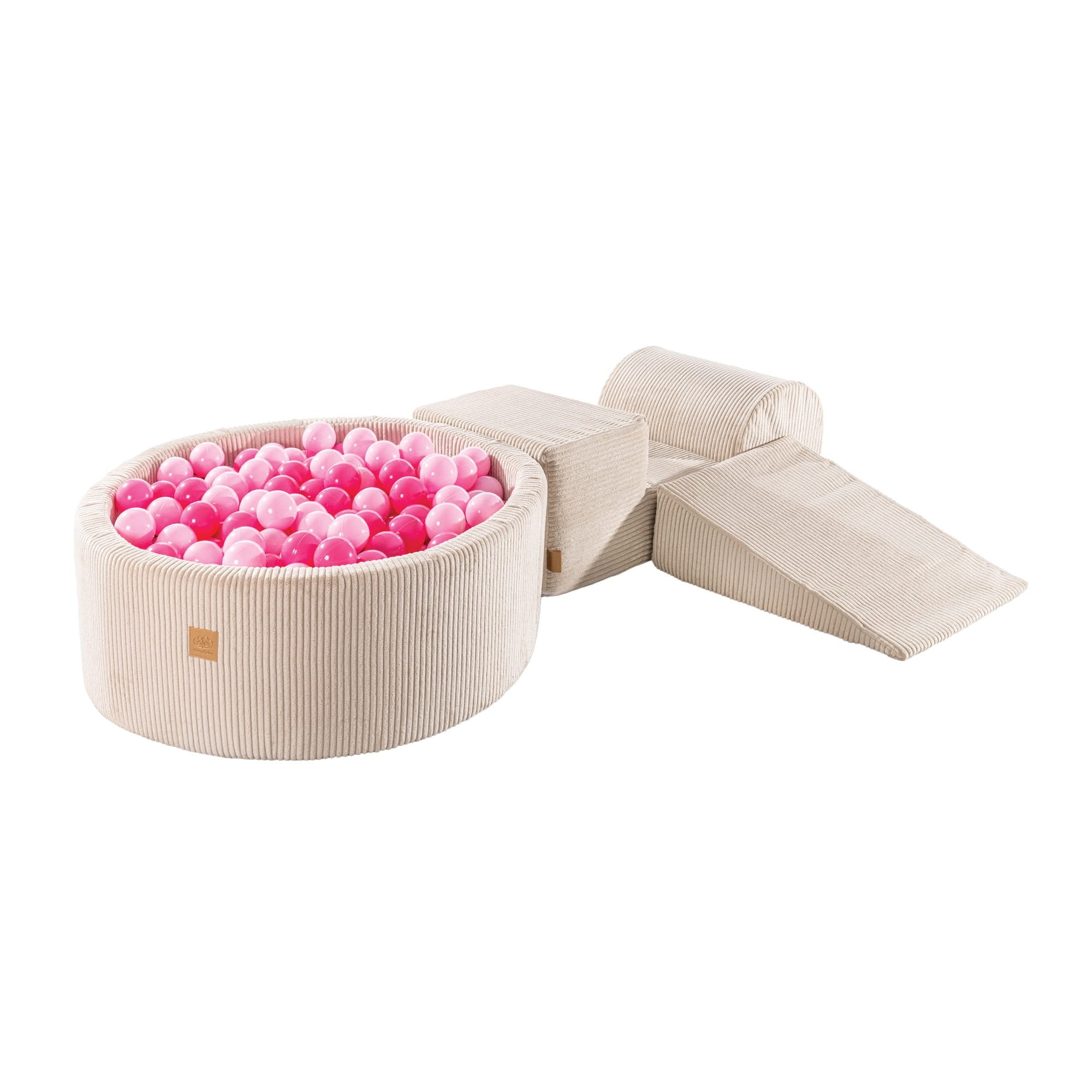 1. MeowBaby playset with ecru foam blocks and pink ball pit on white background, featuring modular design for children's play and exercise