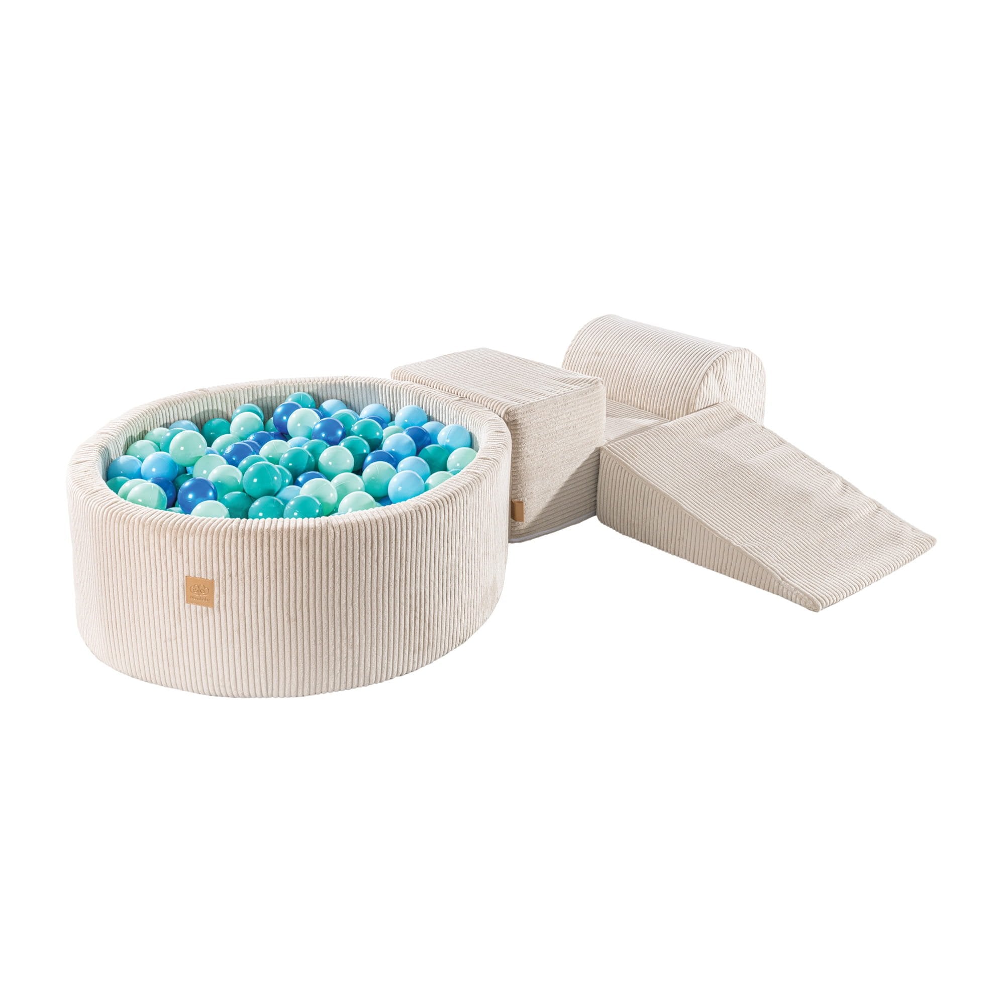 1. MeowBaby playset with ecru and blue ball pit, featuring hypoallergenic foam blocks and removable covers, ideal for children's play and exercise, shown on a white background