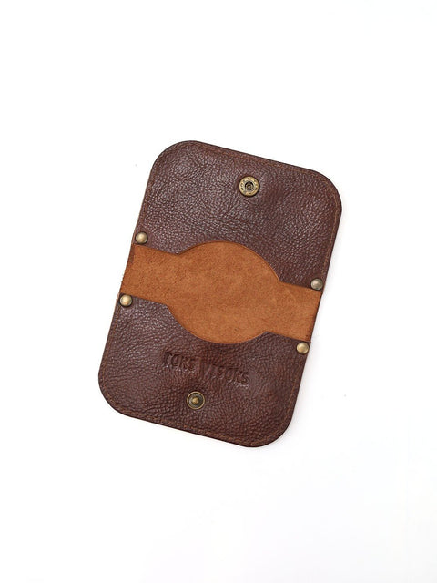 4. Flat lay of closed TOKS VISOKS SUNDAY wallet in marble brown leather on white background