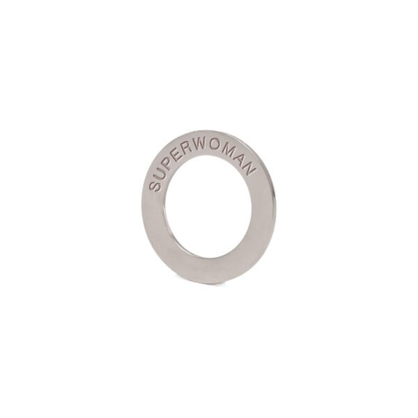 6. Close-up of silver-plated stainless steel ring engraved with 'SUPERWOMAN' from Olla Silk Ribbon Bracelet