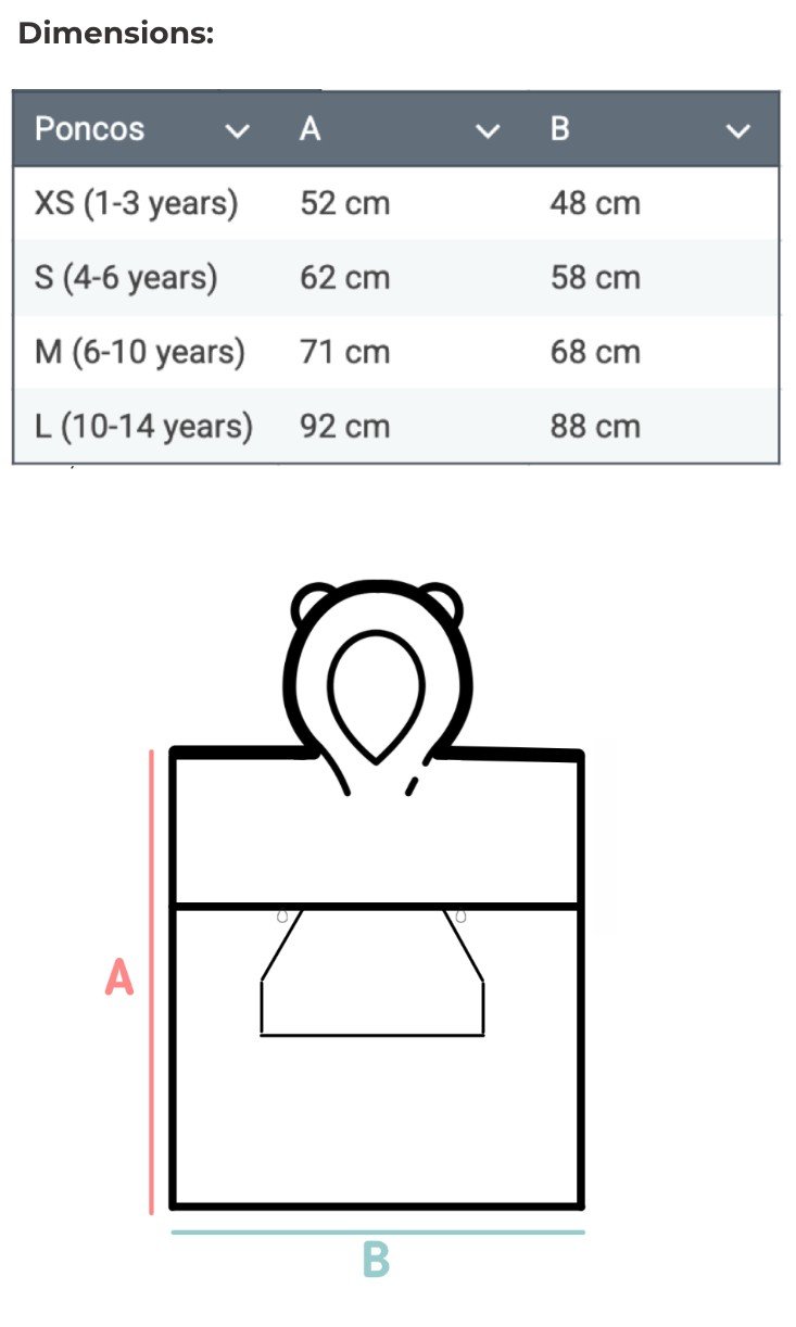 5. Size chart for Surfbear kids bath poncho showing dimensions for sizes XS to L in centimeters
