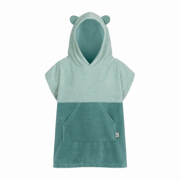 2. Green Surfbear kids bath poncho with hood and ears, featuring a large kangaroo pocket, on a white background