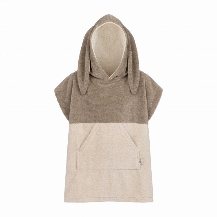 2. Patulove Surfbunny kids bath poncho in latte color with hood and kangaroo pocket, shown on white background