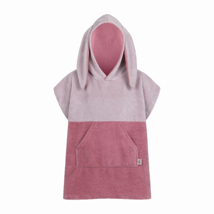 2. Pink Surfbunny kids bath poncho with bunny ears and kangaroo pocket on white background