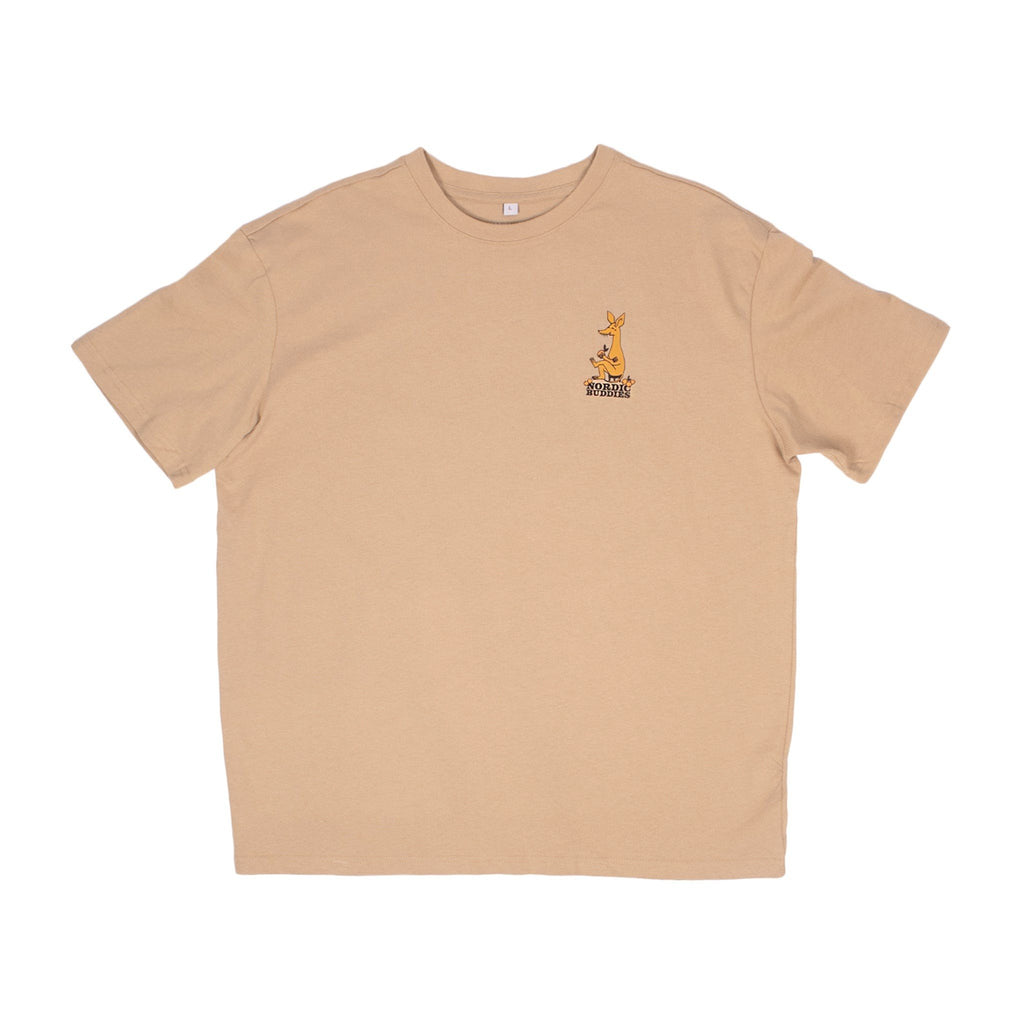 5. Studio shot of unisex beige Moomin by NordicBuddies t-shirt with Sniff design, showing front and back graphics