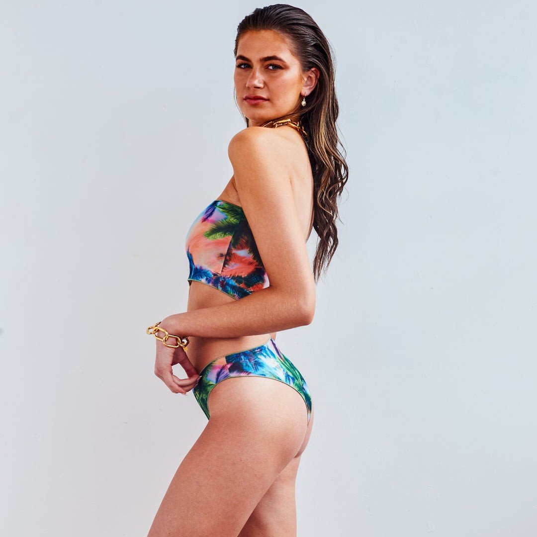 3. Women's Tan Through 2 in 1 Bikini Set by SWIMSARA in Electric Palm, side view of bandeau top and classic bottom, studio image