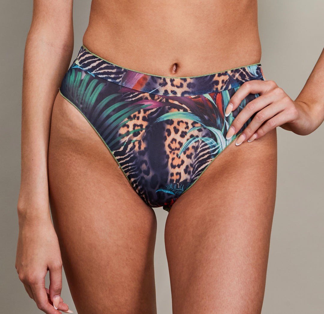 2. Close-up of high-waisted bikini bottoms in tropical print by SWIMSARA