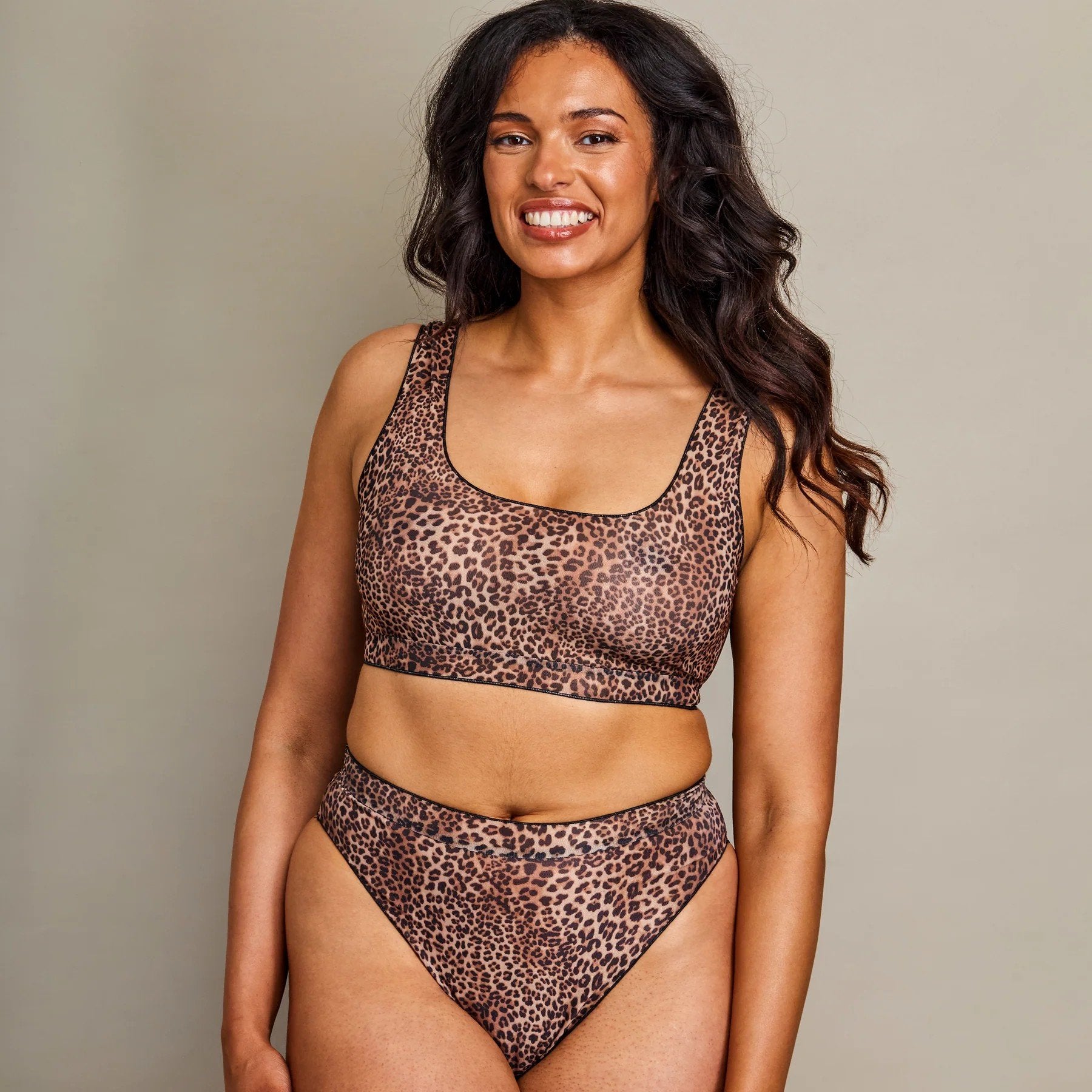 1. Women's Tan Through Crop Top Bikini Set in Mini Feline print by SWIMSARA, front view in studio