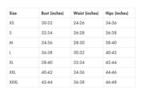 4. Size chart for SWIMSARA tan-through bikini set, showing bust, waist, and hips measurements in inches