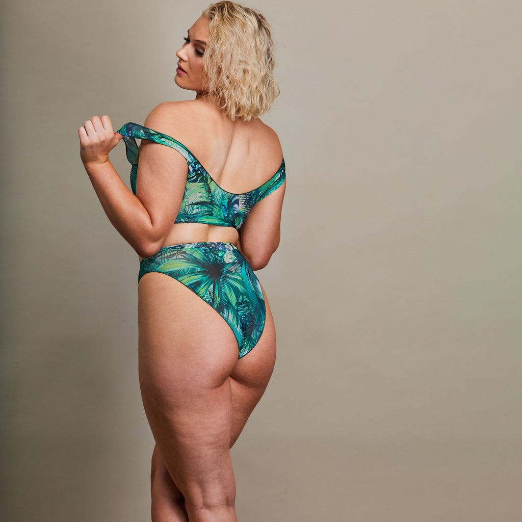 3. Back view of Women's Tropical Palm Green Tan Through Bikini Set by SWIMSARA, model in studio
