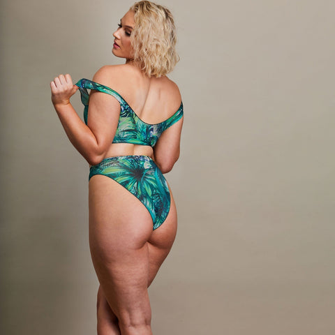 3. Back view of Women's Tropical Palm Green Tan Through Bikini Set by SWIMSARA, model in studio