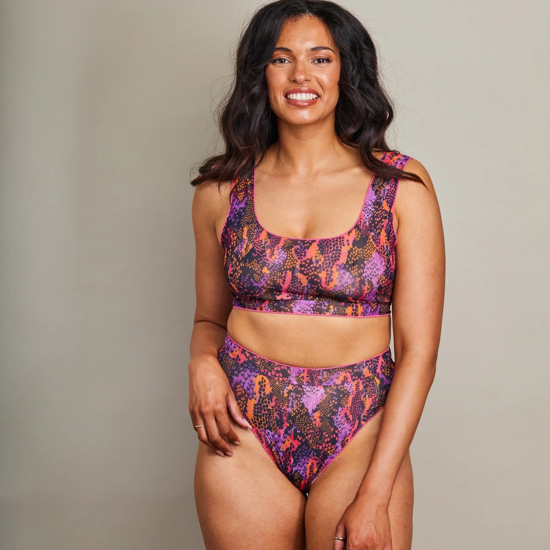 1. Women's Tan Through Crop Top Bikini Set by SWIMSARA in vibrant pattern, shown in studio setting