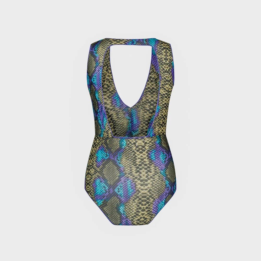 3. Studio image of SWIMSARA's The Paula swimsuit in dark multi, highlighting V-neck and open back