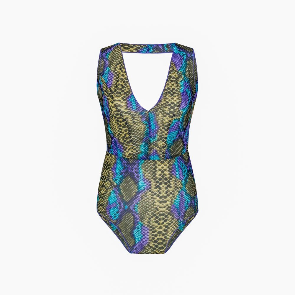 4. Studio image of SWIMSARA's The Paula swimsuit in dark multi, front view with V-neck and subtle panelling