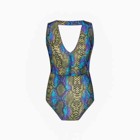 4. Studio image of SWIMSARA's The Paula swimsuit in dark multi, front view with V-neck and subtle panelling
