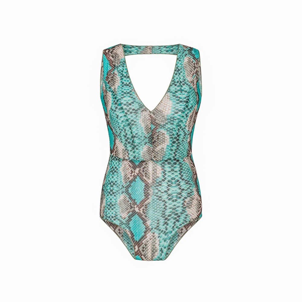 3. Studio image of SWIMSARA's turquoise tan-through swimsuit with V-neck and snake print