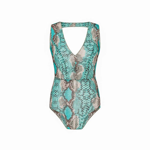 3. Studio image of SWIMSARA's turquoise tan-through swimsuit with V-neck and snake print