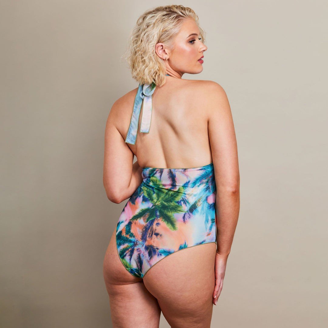 2. Back view of women's Tan Through Halterneck Swimsuit in Electric Palm by SWIMSARA, highlighting adjustable straps