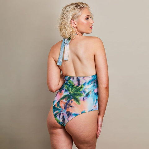 2. Back view of women's Tan Through Halterneck Swimsuit in Electric Palm by SWIMSARA, highlighting adjustable straps