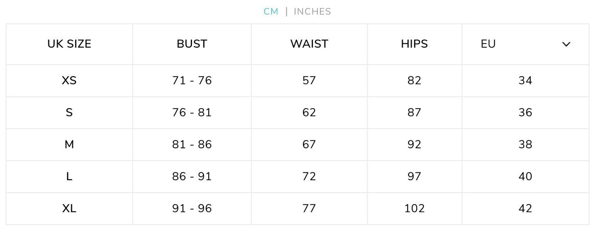 4. Size chart for SWIMSARA bikini set in UK sizes XS to XL, showing bust, waist, hips, and EU sizes