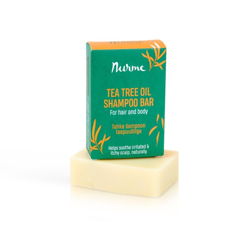 2. Nurme Tea Tree Oil Shampoo Bar with green packaging and beige soap bar on white background